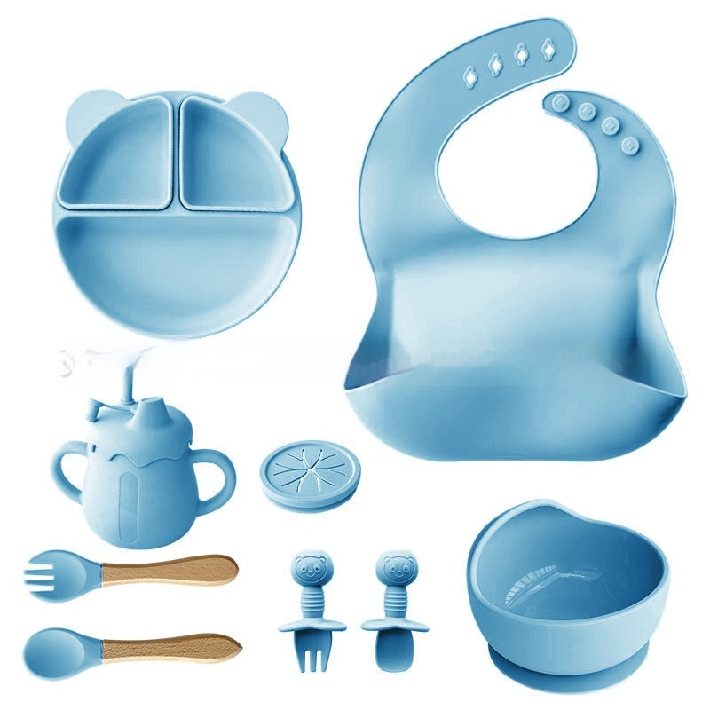Children's Tableware Set Edible Silicon Plate Spork Bib Infant Solid Food Tools 11-piece Set