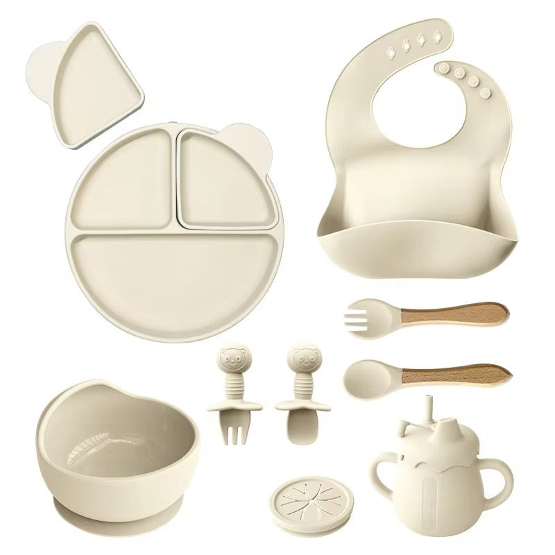 Children's Tableware Set Edible Silicon Plate Spork Bib Infant Solid Food Tools 11-piece Set