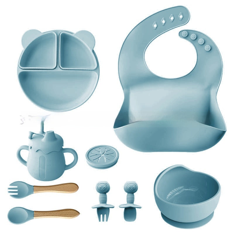 Children's Tableware Set Edible Silicon Plate Spork Bib Infant Solid Food Tools 11-piece Set