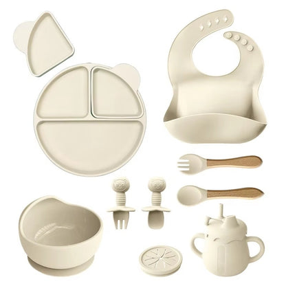 Children's Tableware Set Edible Silicon Plate Spork Bib Infant Solid Food Tools 11-piece Set