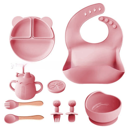 Children's Tableware Set Edible Silicon Plate Spork Bib Infant Solid Food Tools 11-piece Set